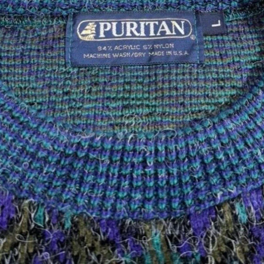 Puritan Geometric Pattern Crewneck Sweater Men's‎ Large Blue Purple Green